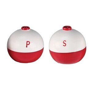 Ceramic Red and White Bobber Salt & Pepper Shaker Set 2 3/4" tall each 017-519
